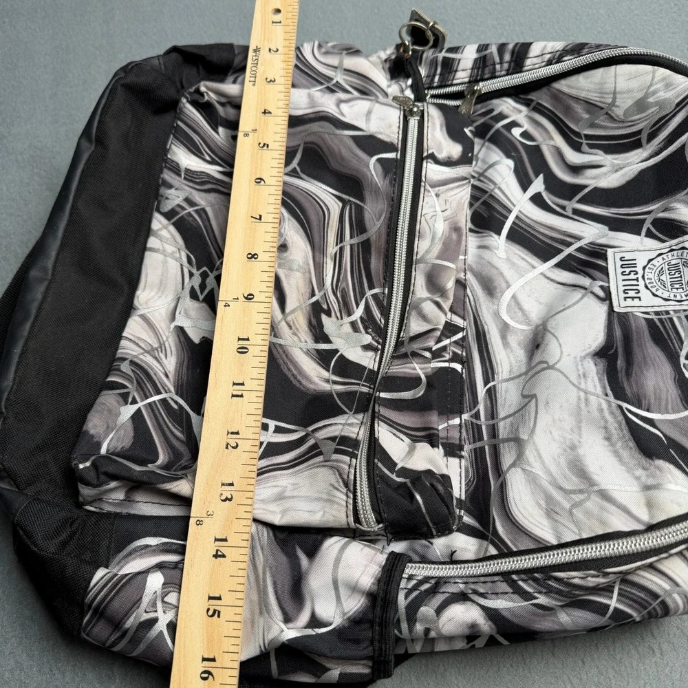 Justice Girls Black‎ White Marble Swirl Backpack Silver Metallic Accents School
